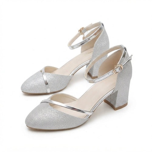 Ava Calloway | Silver Glitter Block Heel Sandals For Women