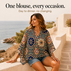 Effortless Mandala Print Poncho Blouse for Women with V Neck Batwing Sleeve Button Front Flowing Style