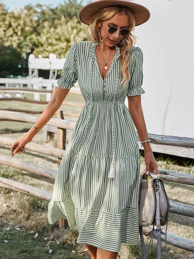 Clara Pennington | Striped V-Neck Summer Dress