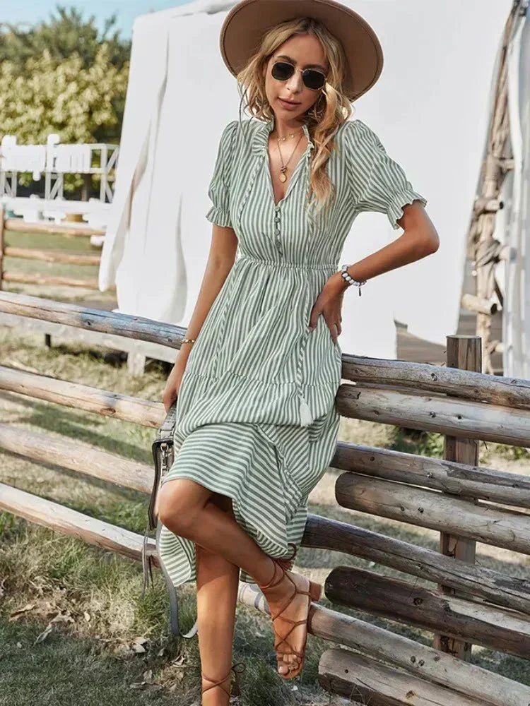 Clara Pennington | Striped V-Neck Summer Dress