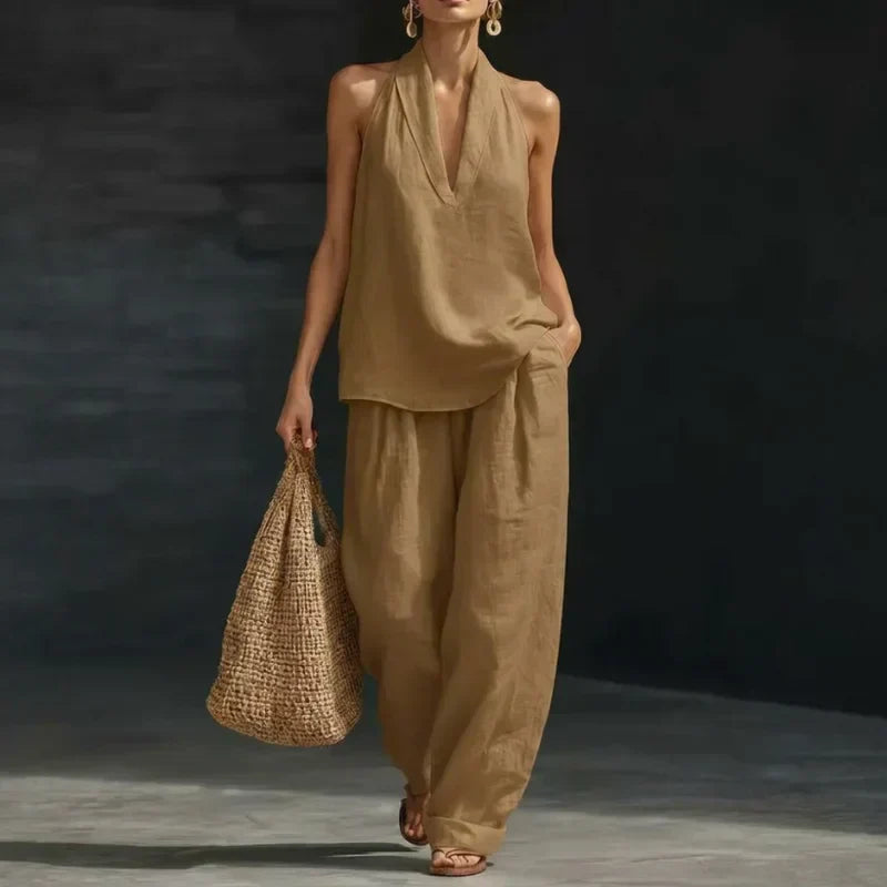 Bridie Ashcroft | Linen Look Tank Top and Wide-Leg Pants Set For Women