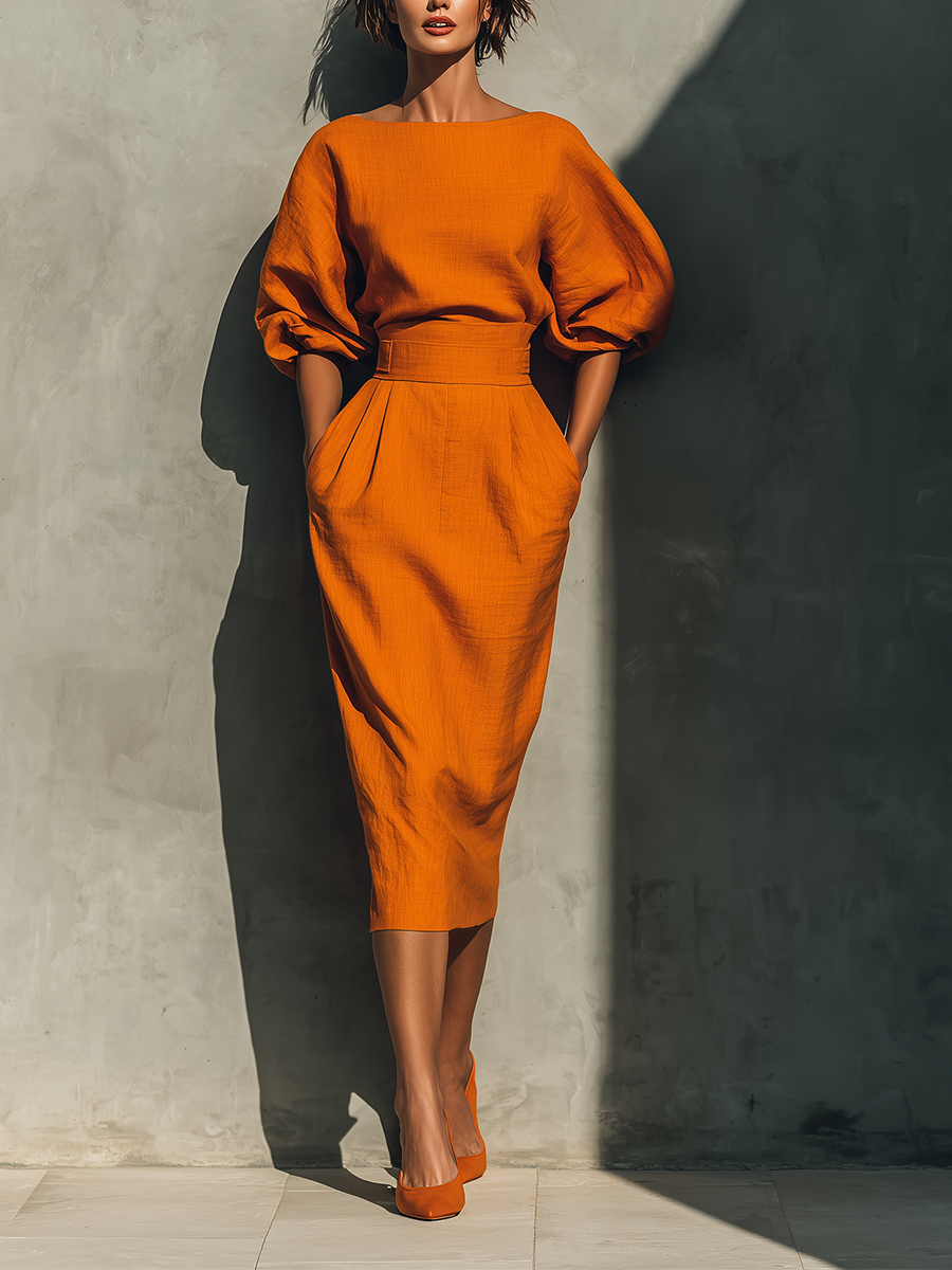 Ivy Marsh | Puff Sleeve Top And Midi Skirt Set For Women