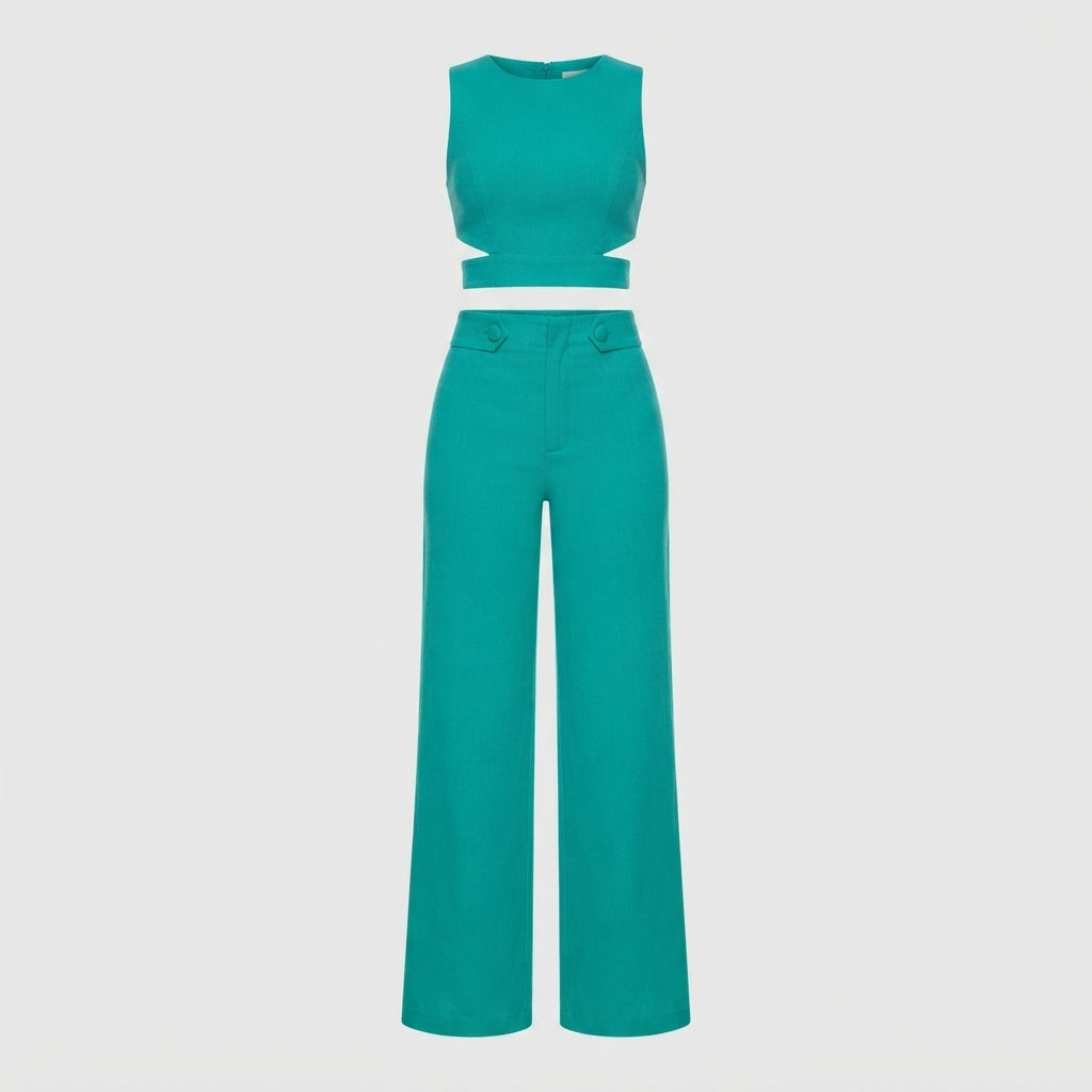 Olivia Strand | Teal Crop Top And Wide Leg Pants Set For Women