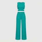 Olivia Strand | Teal Crop Top And Wide Leg Pants Set For Women