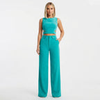 Olivia Strand | Teal Crop Top And Wide Leg Pants Set For Women