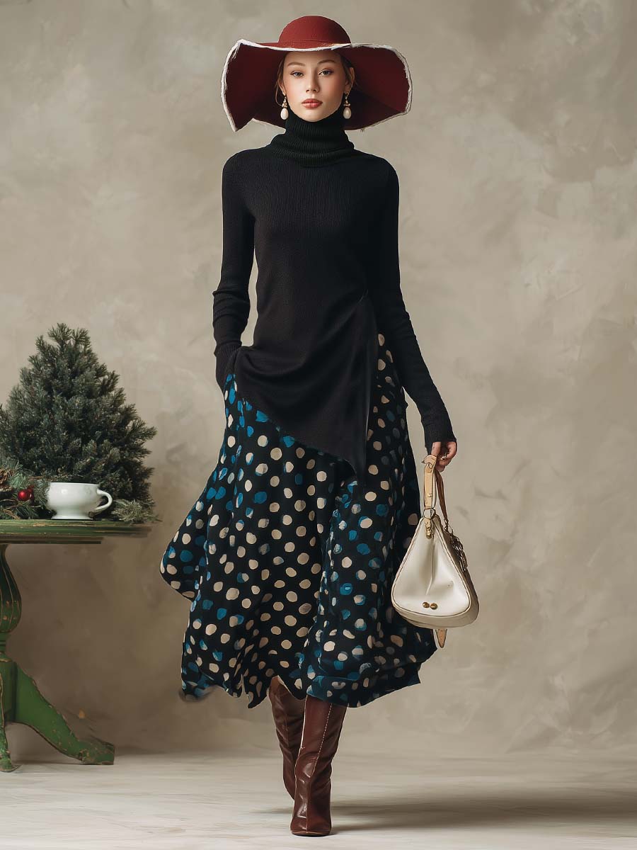 Imogen Fairweather | Turtleneck Knit Top & Polka Dot Skirt Set For Women