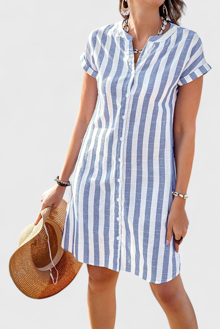 Sandrine Striped Linen Shirt Dress with Buttons