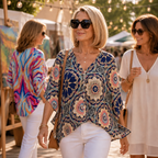 Effortless Mandala Print Poncho Blouse for Women with V Neck Batwing Sleeve Button Front Flowing Style