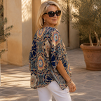 Effortless Mandala Print Poncho Blouse for Women with V Neck Batwing Sleeve Button Front Flowing Style