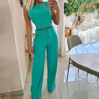Olivia Strand | Teal Crop Top And Wide Leg Pants Set For Women