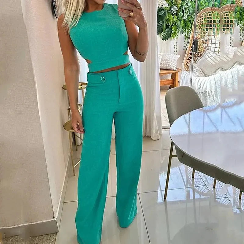 Olivia Strand | Teal Crop Top And Wide Leg Pants Set For Women