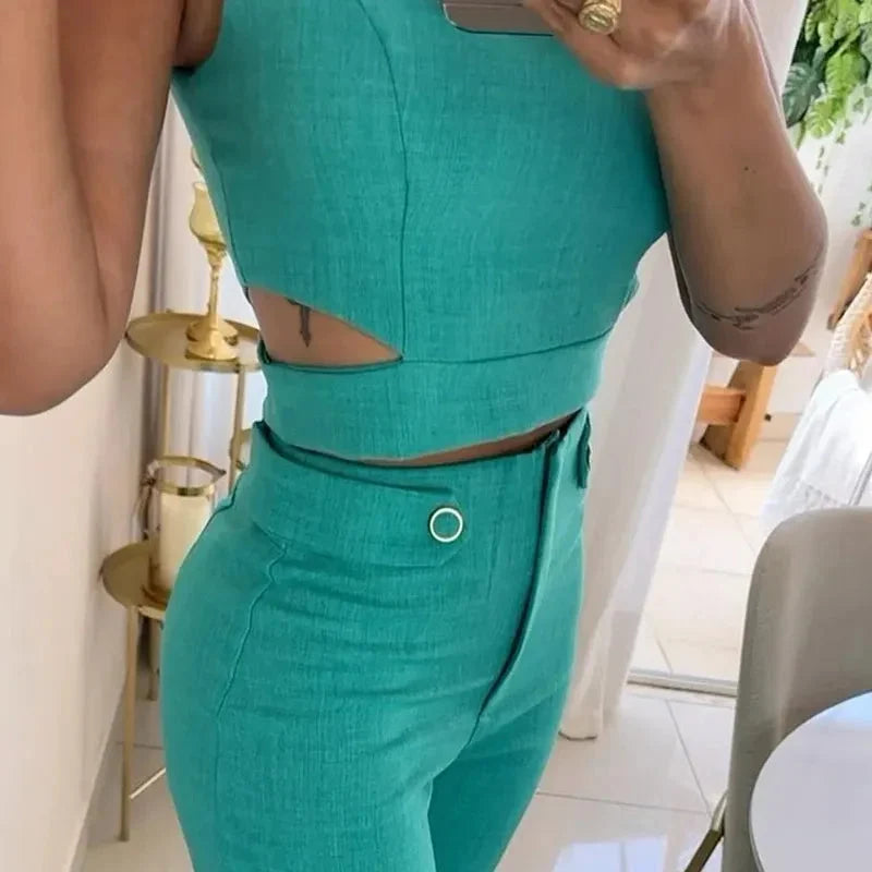 Olivia Strand | Teal Crop Top And Wide Leg Pants Set For Women