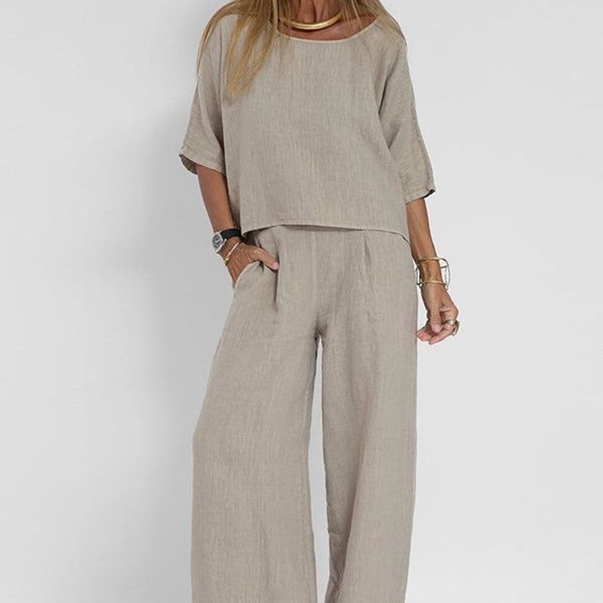 Hannah Young | Relaxed Linen Look Wide Leg Pants Set For Women