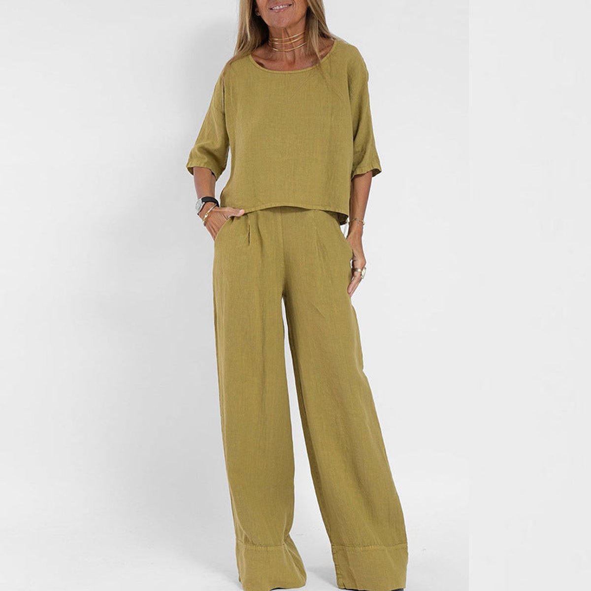 Hannah Young | Relaxed Linen Look Wide Leg Pants Set For Women