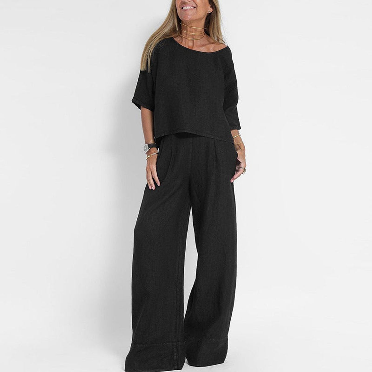Hannah Young | Relaxed Linen Look Wide Leg Pants Set For Women