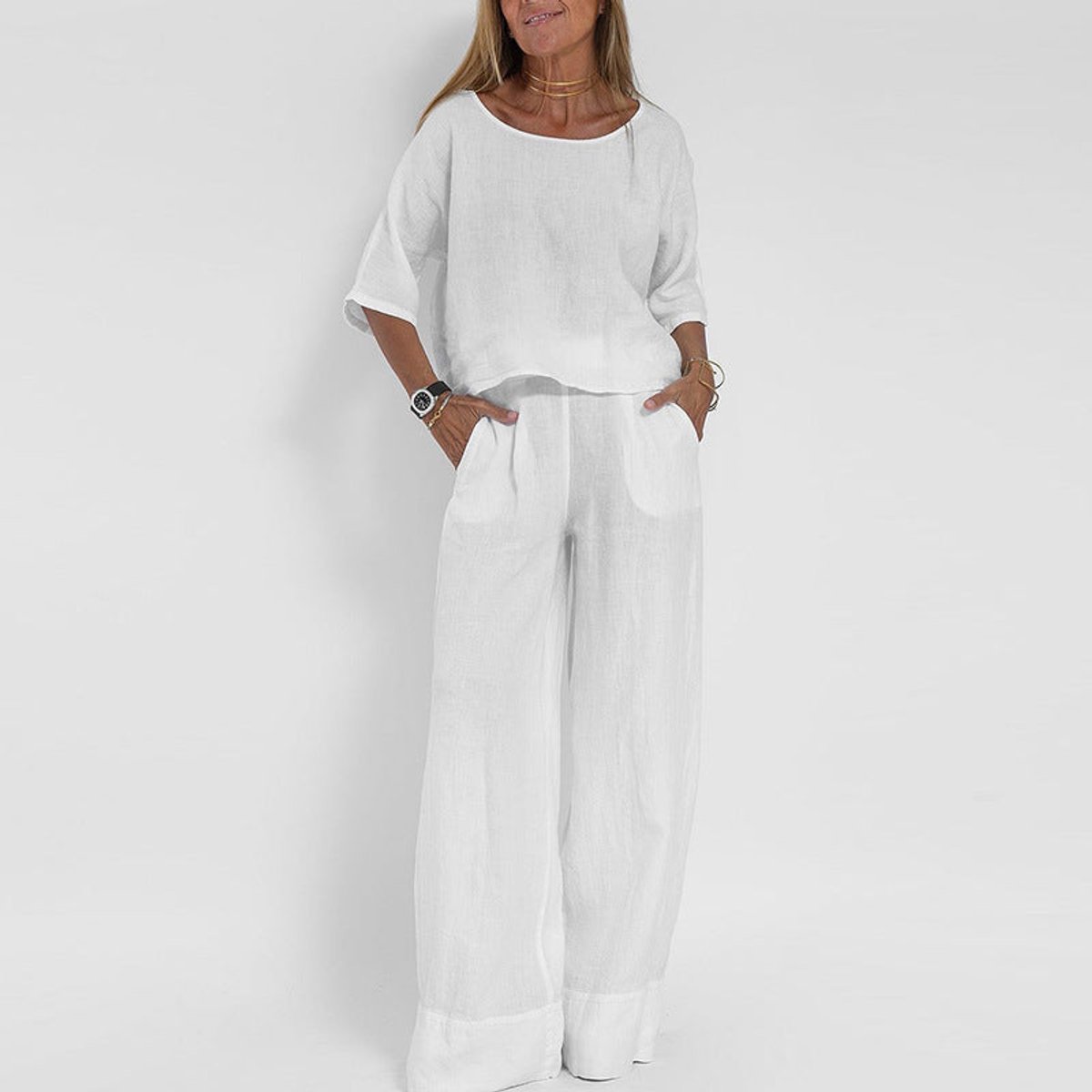Hannah Young | Relaxed Linen Look Wide Leg Pants Set For Women
