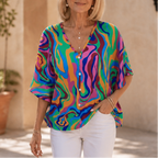 Effortless Mandala Print Poncho Blouse for Women with V Neck Batwing Sleeve Button Front Flowing Style