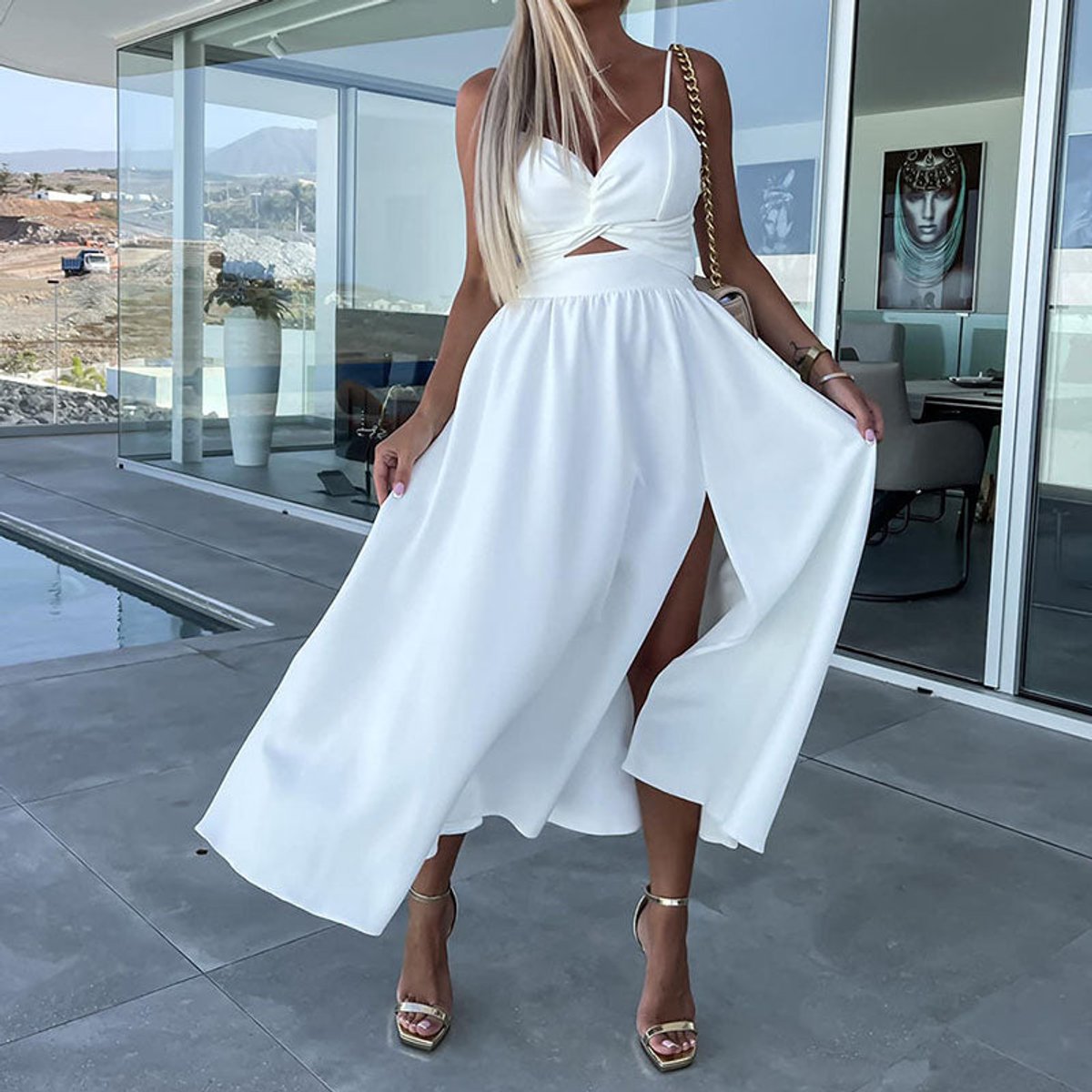 Sienna | Women's High-Slit Cut-Out Cocktail Party Dress V-Neck Midi