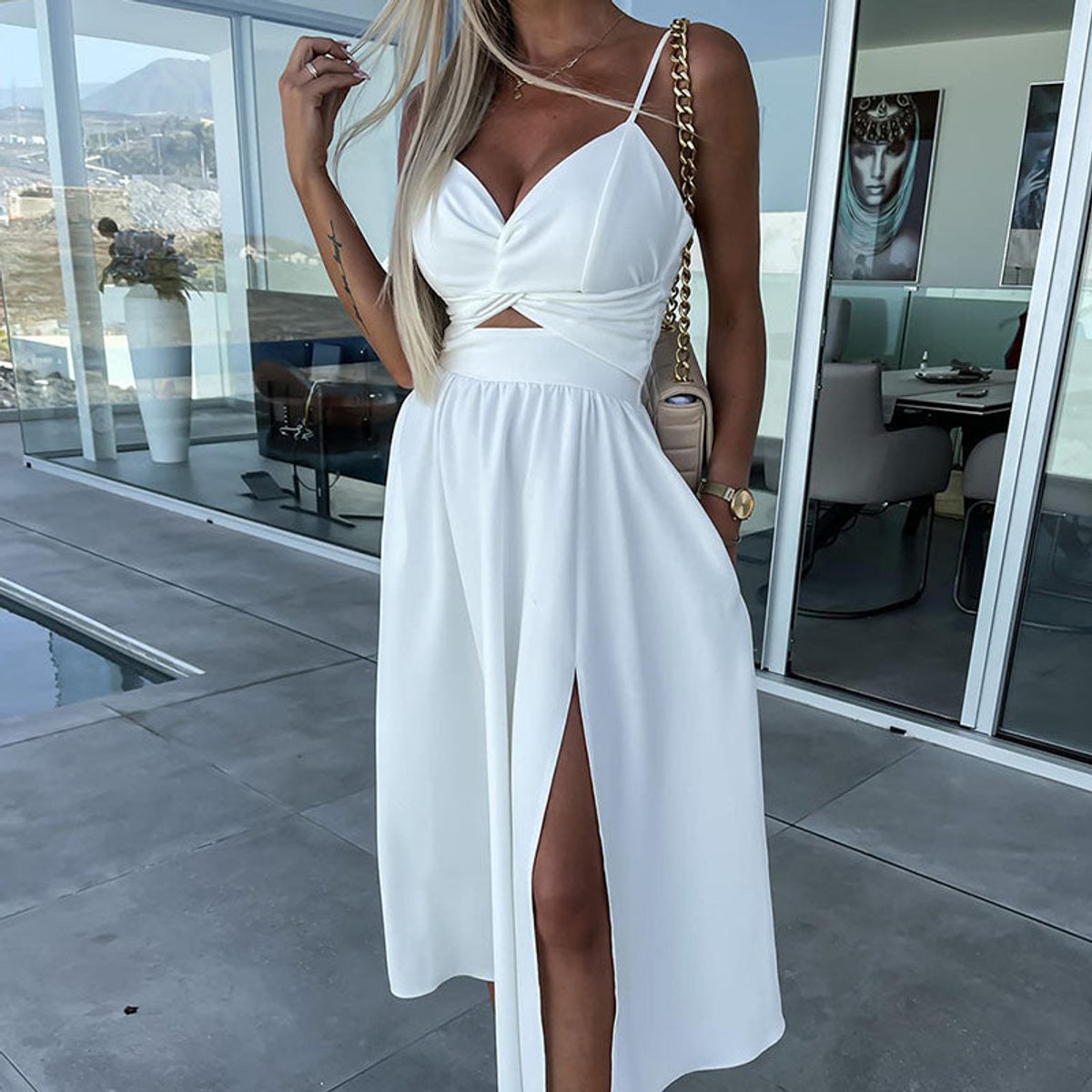Sienna | Women's High-Slit Cut-Out Cocktail Party Dress V-Neck Midi