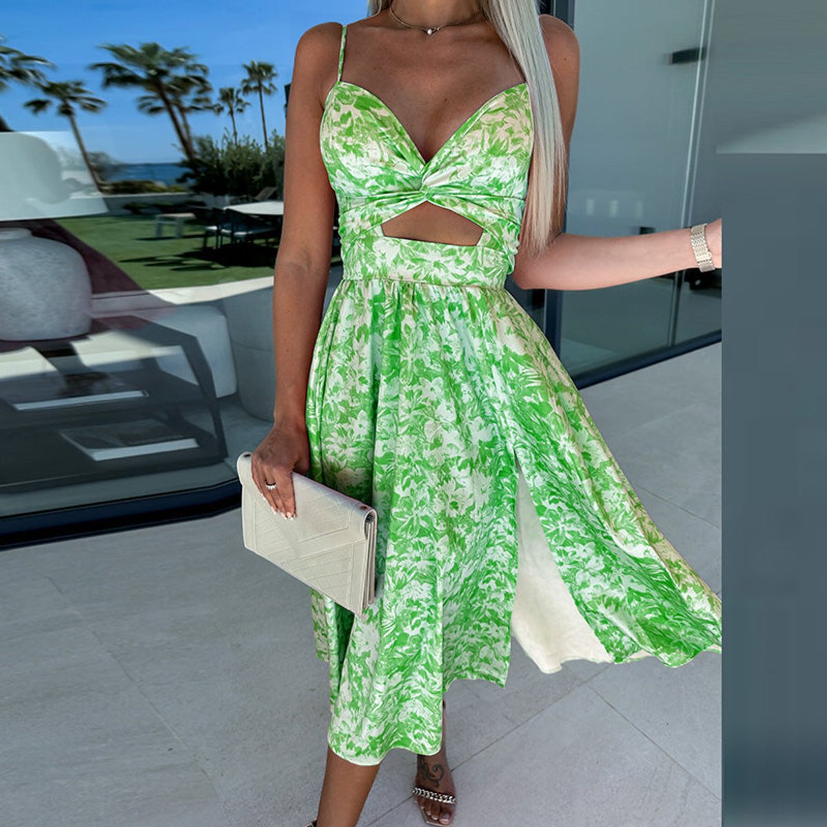 Sienna | Women's High-Slit Cut-Out Cocktail Party Dress V-Neck Midi