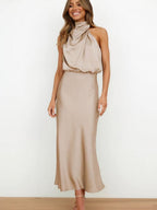 Ava | Women's Satin Halter Neck Cocktail Party Dress Midi Length