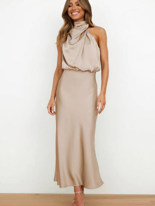 Ava | Women's Satin Halter Neck Cocktail Party Dress Midi Length
