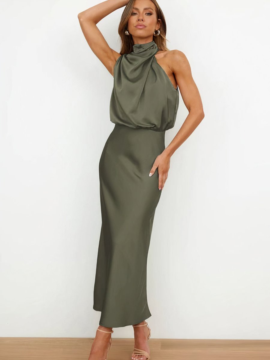 Ava | Women's Satin Halter Neck Cocktail Party Dress Midi Length