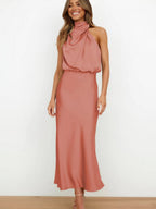 Ava | Women's Satin Halter Neck Cocktail Party Dress Midi Length