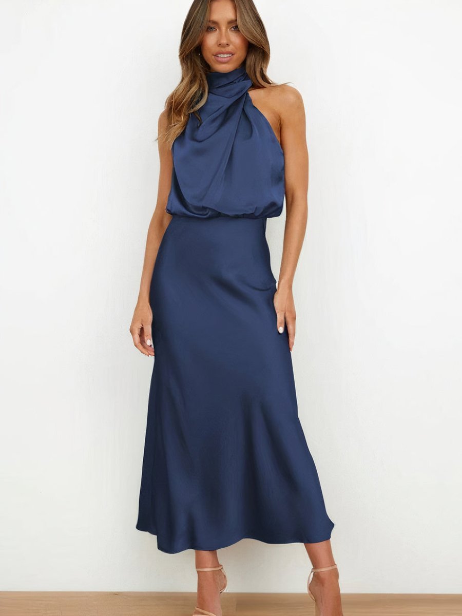 Ava | Women's Satin Halter Neck Cocktail Party Dress Midi Length