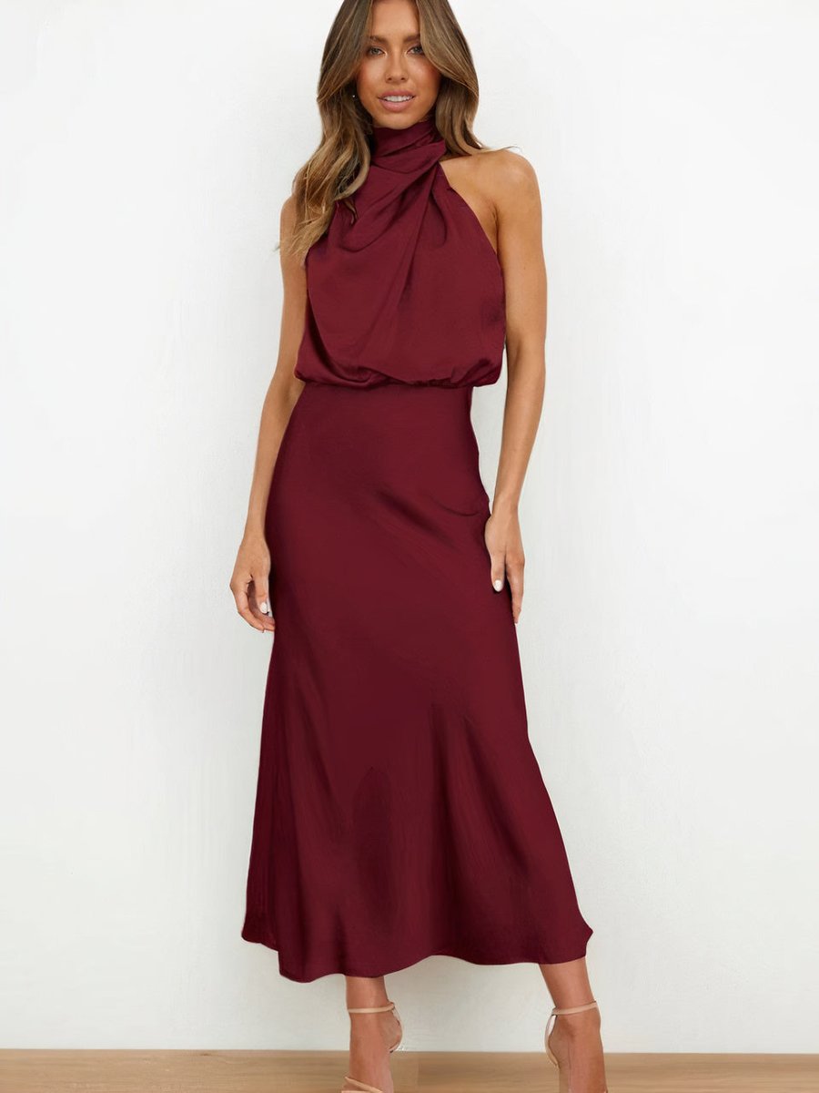 Ava | Women's Satin Halter Neck Cocktail Party Dress Midi Length