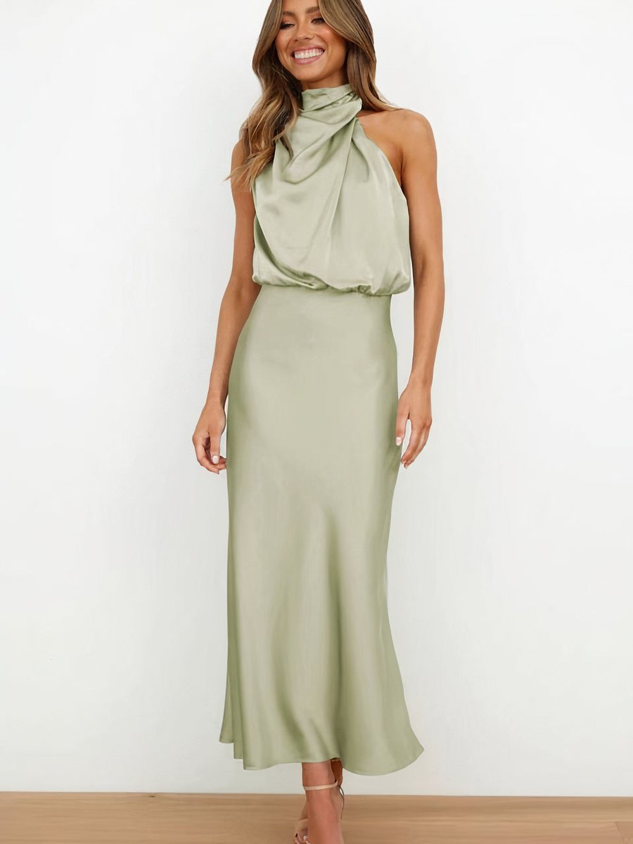 Ava | Women's Satin Halter Neck Cocktail Party Dress Midi Length