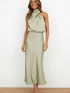 Ava | Women's Satin Halter Neck Cocktail Party Dress Midi Length