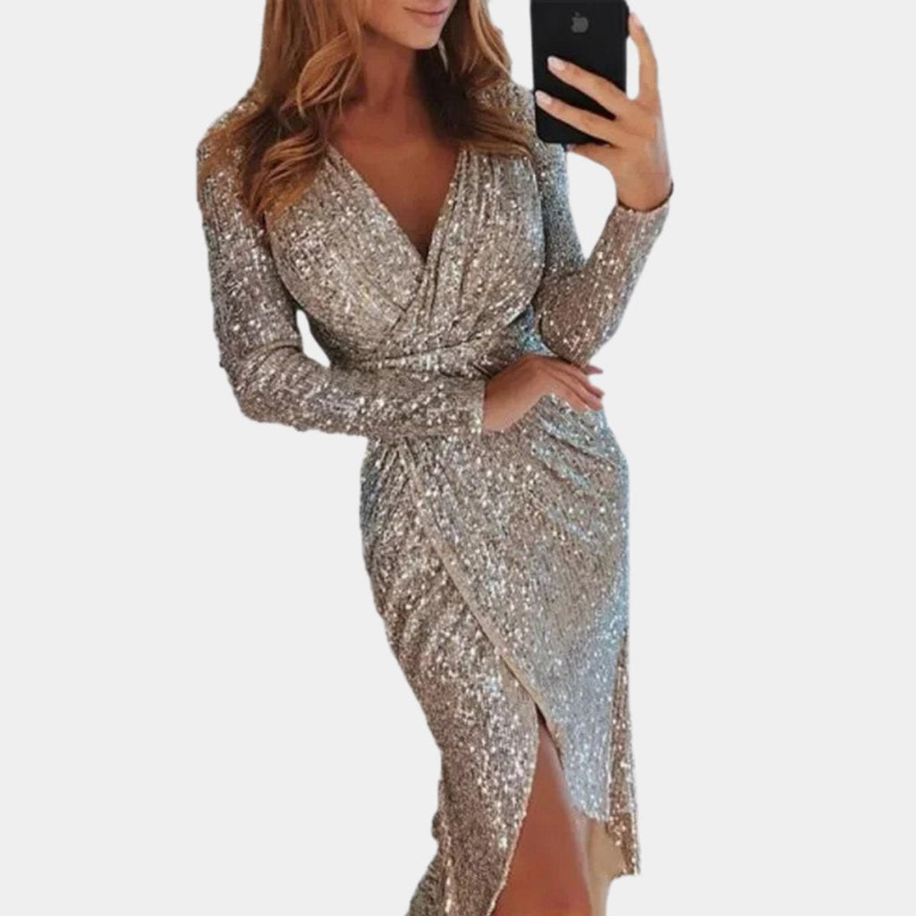 Mia | Women's Sequin Long-Sleeve V-Neck Cocktail Party Dress Front Split
