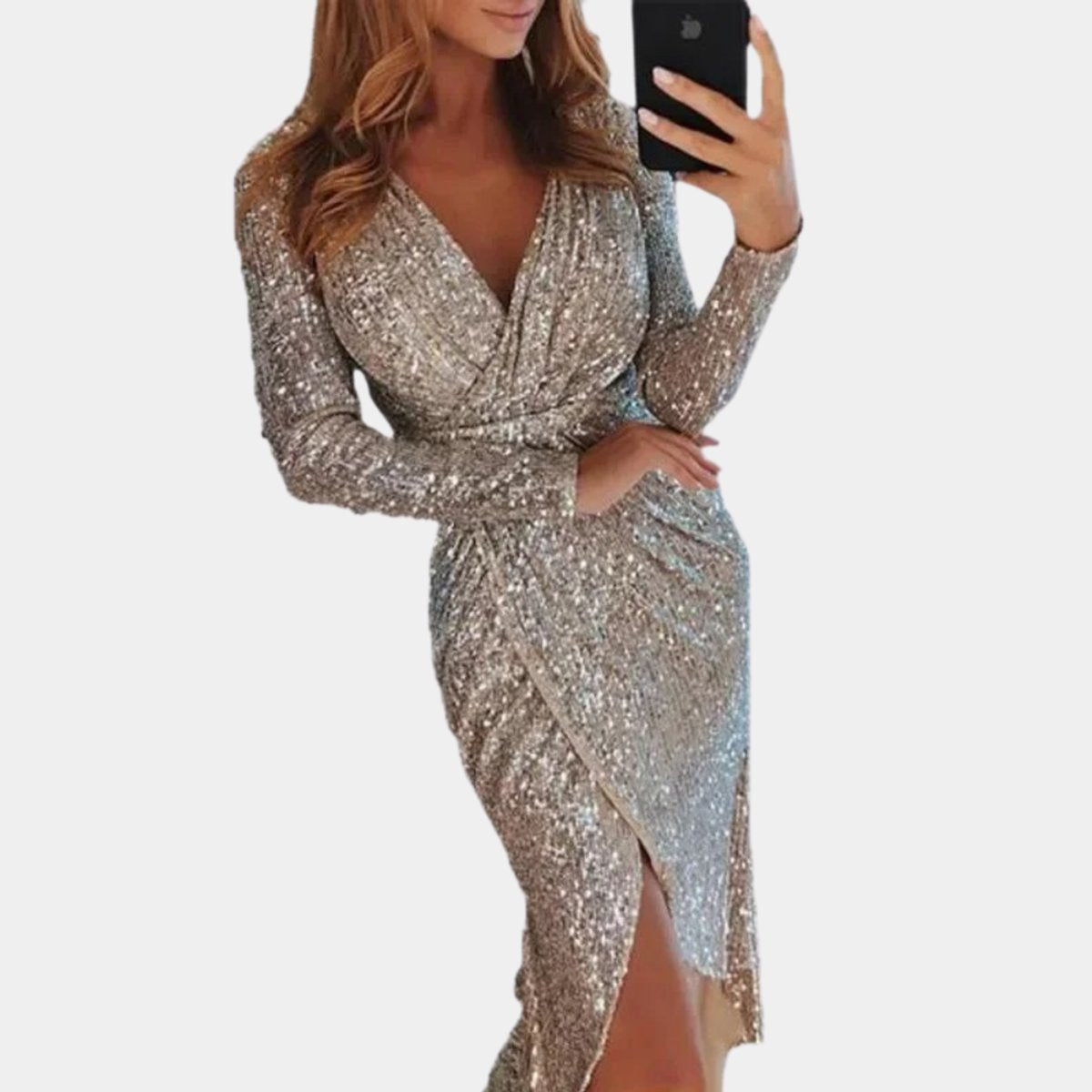 Mia | Women's Sequin Long-Sleeve V-Neck Cocktail Party Dress Front Split