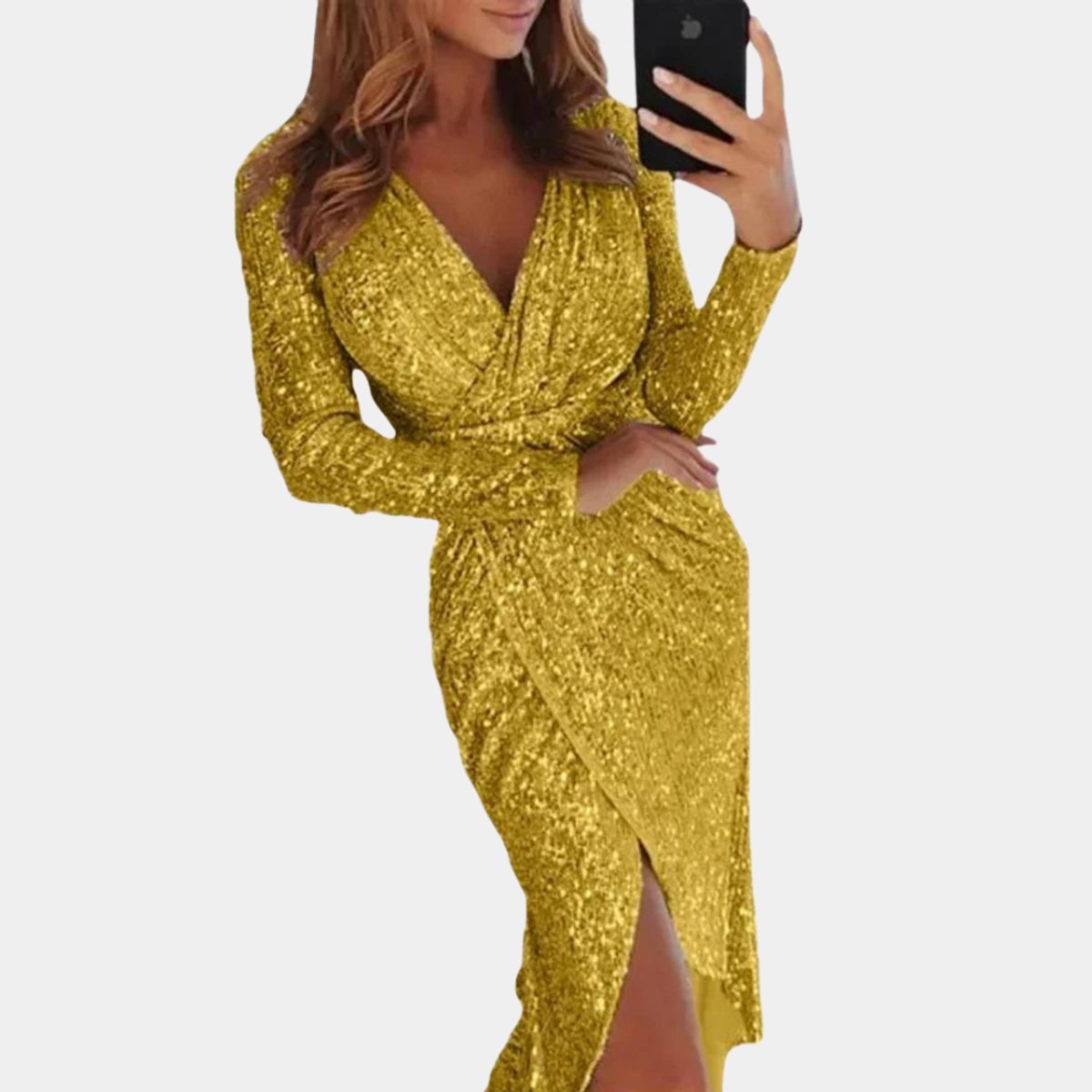 Mia | Women's Sequin Long-Sleeve V-Neck Cocktail Party Dress Front Split
