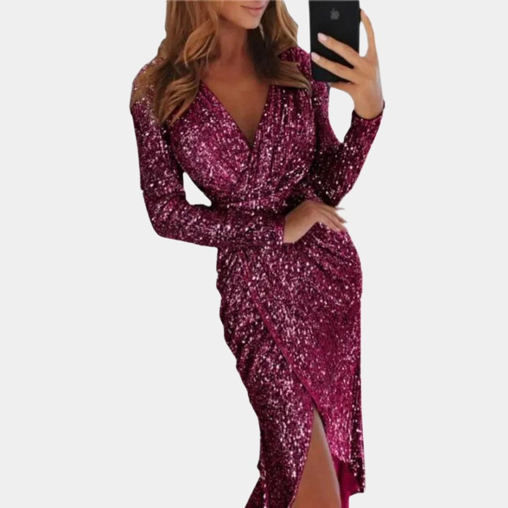 Mia | Women's Sequin Long-Sleeve V-Neck Cocktail Party Dress Front Split