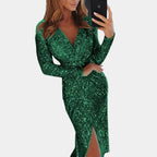 Mia | Women's Sequin Long-Sleeve V-Neck Cocktail Party Dress Front Split