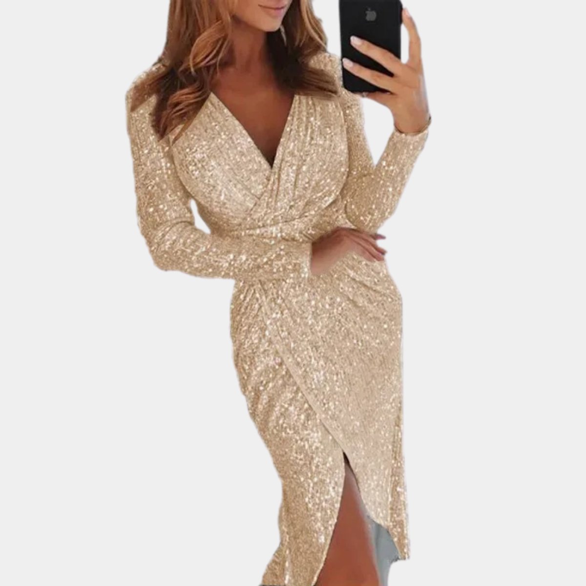 Mia | Women's Sequin Long-Sleeve V-Neck Cocktail Party Dress Front Split