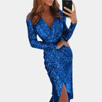 Mia | Women's Sequin Long-Sleeve V-Neck Cocktail Party Dress Front Split